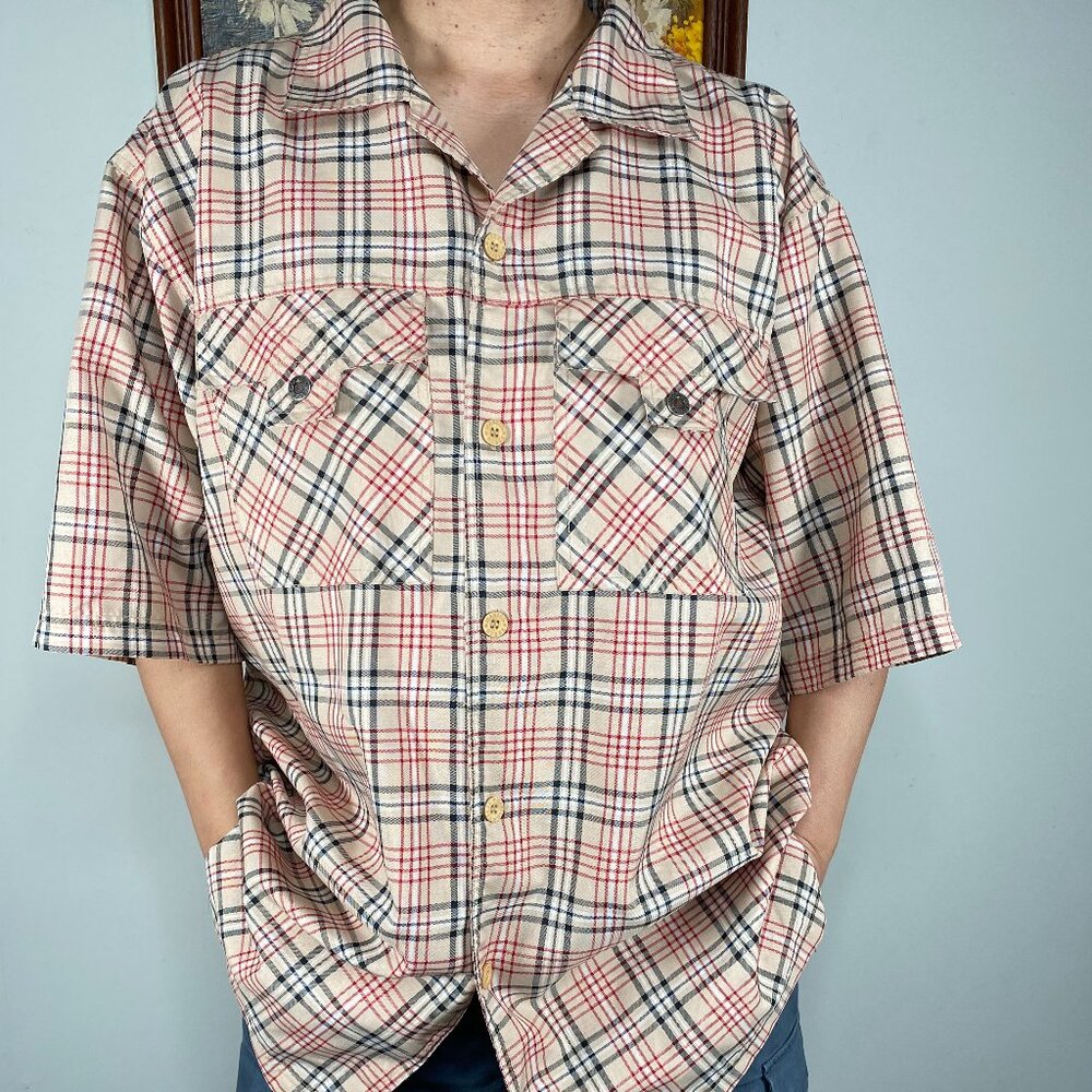 Veezo Button Up Shirt Top Men's XL Multicolor Plaid Pocket Casual Russia